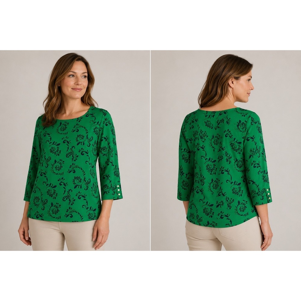 Liz Claiborne Women's M Green Floral Paisley Stretch Top 3/4 Sleeve Kelly Green